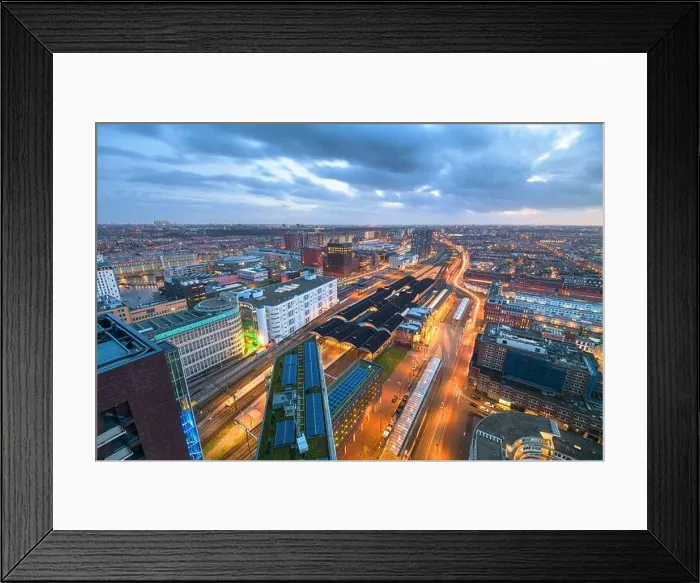 Framed Print : The Hague, Netherlands cityscape overlooking Den Haag HS railway station at twilight
