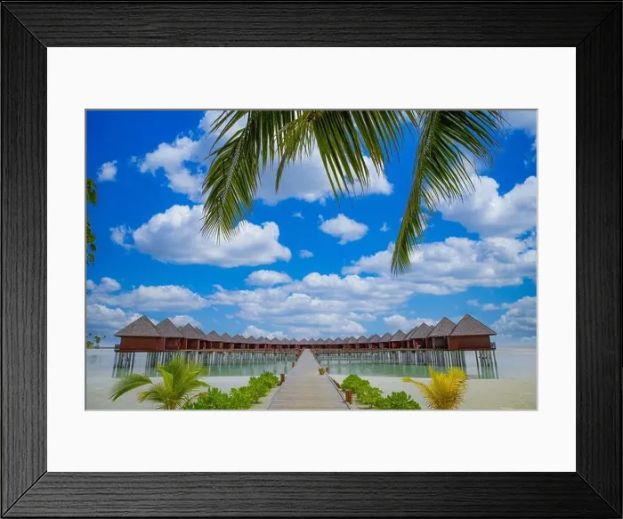 Framed Print : Panoramic landscape of Maldives beach, palm leaves. Tropical panorama, luxury water villa resort wooden pier or jetty. Luxury island travel wallpaper Framed Print : Panoramic landscape of Maldives beach, palm leaves. Tropical panorama, luxury water villa resort wooden pier or jetty. Luxury island travel wallpaper