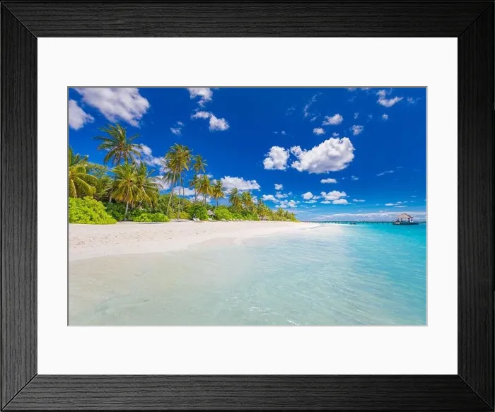 Framed Print : Beautiful palm trees on tropical island beach, blue sky with white clouds and turquoise ocean lagoon on sunny day. Amazing natural summer landscape Framed Print : Beautiful palm trees on tropical island beach, blue sky with white clouds and turquoise ocean lagoon on sunny day. Amazing natural summer landscape