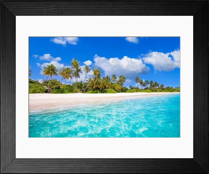 Framed Print : Beautiful palm trees on tropical island beach, blue sky with white clouds and turquoise ocean lagoon on sunny day. Amazing natural summer landscape Framed Print : Beautiful palm trees on tropical island beach, blue sky with white clouds and turquoise ocean lagoon on sunny day. Amazing natural summer landscape