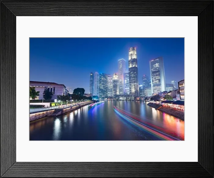 Framed Print : Singapore skyline and canal at night Framed Print : Singapore skyline and canal at night