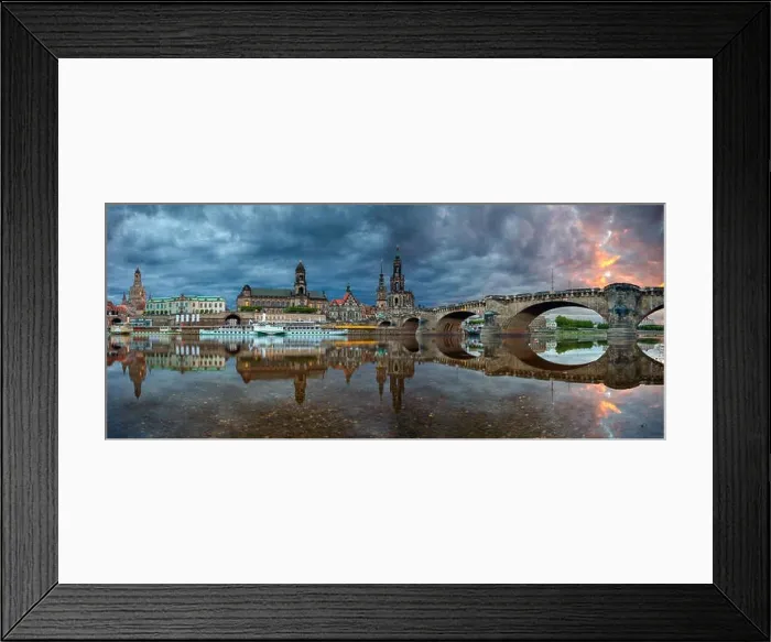 Framed Print : Dresden, Germany. Panoramic cityscape image of Dresden, Germany with reflection of the city in the Elbe river, during dramatic sunset Framed Print : Dresden, Germany. Panoramic cityscape image of Dresden, Germany with reflection of the city in the Elbe river, during dramatic sunset