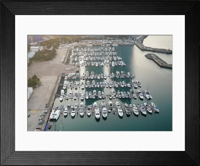 Framed Print : Yatch harbor marina pier and boat dock yatchs and vessels awaiting the open sea. Aerial drone view looking straight down above T-Head Framed Print : Yatch harbor marina pier and boat dock yatchs and vessels awaiting the open sea. Aerial drone view looking straight down above T-Head