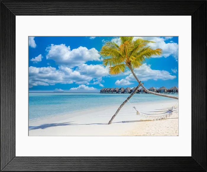 Framed Print : Traveling outdoor recreational leisure beach scenery with hammock over amazingly calm ocean lagoon. Amazing paradise island shore, coast palm trees Framed Print : Traveling outdoor recreational leisure beach scenery with hammock over amazingly calm ocean lagoon. Amazing paradise island shore, coast palm trees