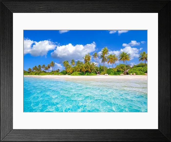 Framed Print : Summer nature landscape. Exotic island panorama, tropical beach coast with palm trees and blue cloudy sky. Natural view from blue seaside lagoon