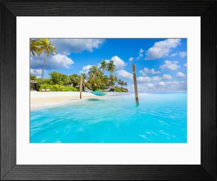 Framed Print : Traveling outdoor recreational leisure beach scenery with hammock over amazingly calm ocean lagoon. Amazing paradise island shore, coast palm trees Framed Print : Traveling outdoor recreational leisure beach scenery with hammock over amazingly calm ocean lagoon. Amazing paradise island shore, coast palm trees