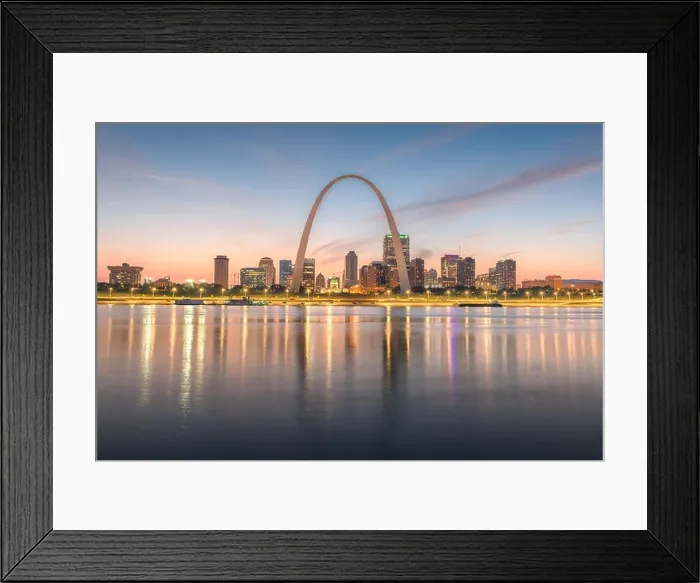 Framed Print : St. Louis, Missouri, USA downtown cityscape on the Mississippi River at twilight Framed Print : St. Louis, Missouri, USA downtown cityscape on the Mississippi River at twilight