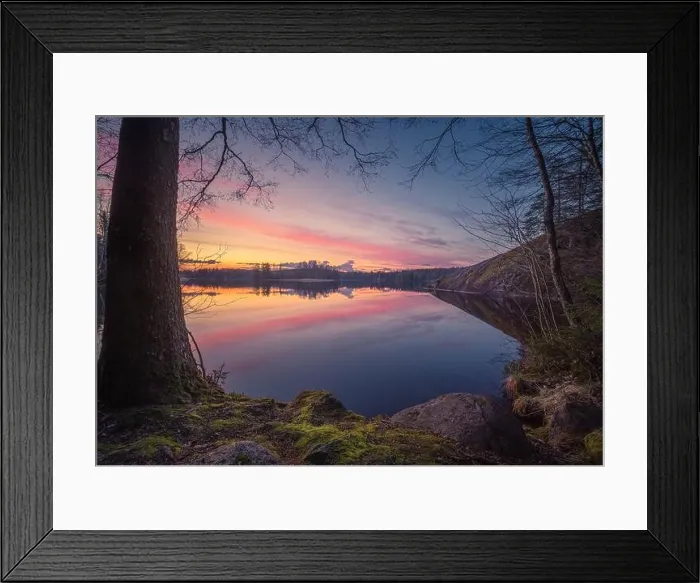 Framed Print : Scenic sunset landscape with peaceful lake and beautiful colors at summer evening in Finland Framed Print : Scenic sunset landscape with peaceful lake and beautiful colors at summer evening in Finland
