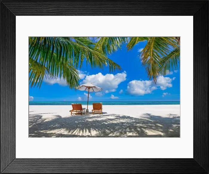 Framed Print : Beautiful tropical island scenery, two sun beds, loungers, umbrella under palm tree. White sand, sea view with horizon, idyllic blue sky, leisure Framed Print : Beautiful tropical island scenery, two sun beds, loungers, umbrella under palm tree. White sand, sea view with horizon, idyllic blue sky, leisure
