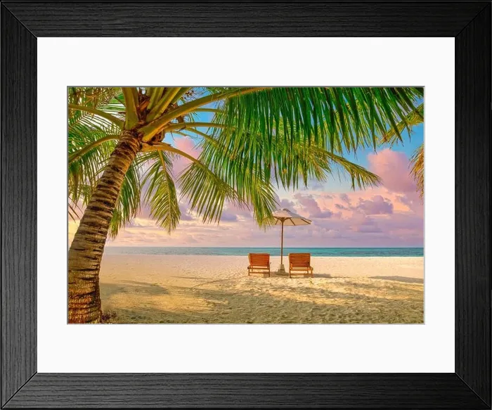 Framed Print : Romantic scenic beach, tropical shore sunset, two sun beds, loungers, umbrella under palm tree. White sand, seaside view horizon, colorful twilight Framed Print : Romantic scenic beach, tropical shore sunset, two sun beds, loungers, umbrella under palm tree. White sand, seaside view horizon, colorful twilight
