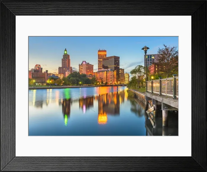 Framed Print : Providence, Rhode Island, USA downtown cityscape viewed from above the Providence River Framed Print : Providence, Rhode Island, USA downtown cityscape viewed from above the Providence River
