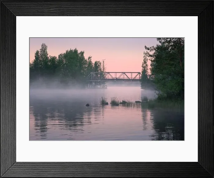 Framed Print : Foggy summer landscape and old iron bridge with beautiful calm lake at summer night in Finland Framed Print : Foggy summer landscape and old iron bridge with beautiful calm lake at summer night in Finland