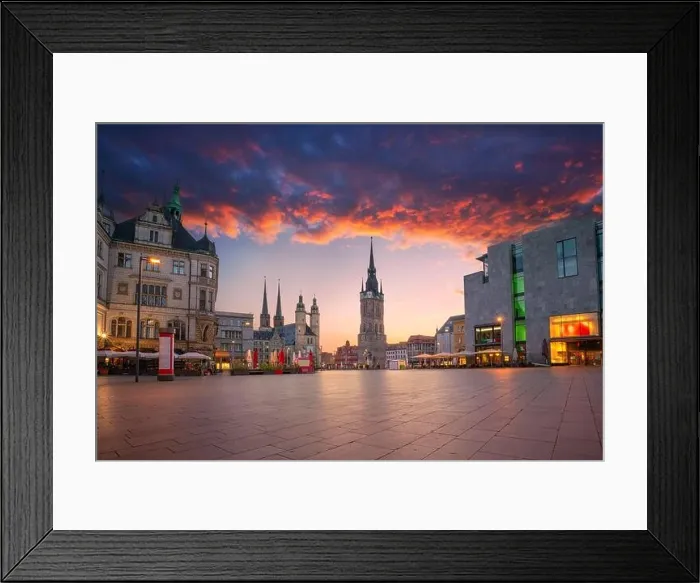 Framed Print : Halle, Germany. Cityscape image of historical downtown of Halle (Saale) with the Red Tower and the Market Place during dramatic sunset Framed Print : Halle, Germany. Cityscape image of historical downtown of Halle (Saale) with the Red Tower and the Market Place during dramatic sunset