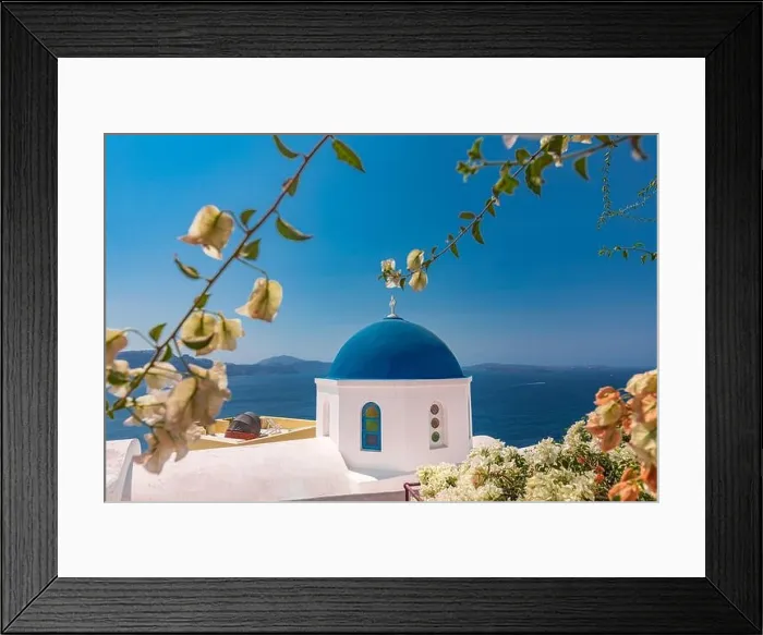 Framed Print : Relaxing and romantic view with white architecture in Santorini Greece, caldera view over blue sea and volcano island. Summer landscape for travelling Framed Print : Relaxing and romantic view with white architecture in Santorini Greece, caldera view over blue sea and volcano island. Summer landscape for travelling