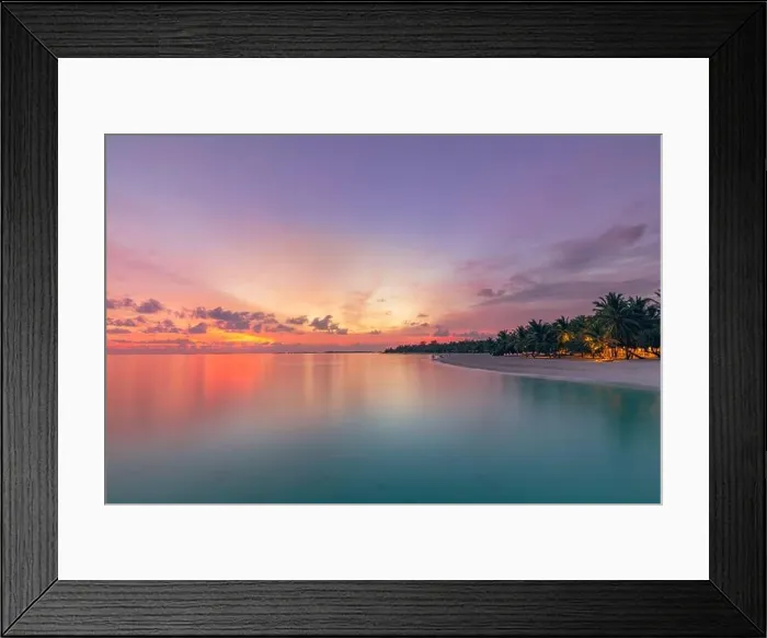 Framed Print : Beautiful bright sunset on a tropical paradise beach. Tranquil summer vacation or holiday landscape. Tropical sunset beach view, calm sea bay Framed Print : Beautiful bright sunset on a tropical paradise beach. Tranquil summer vacation or holiday landscape. Tropical sunset beach view, calm sea bay
