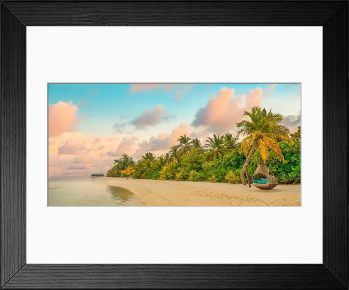 Framed Print : Landscape of paradise tropical island beach, sunrise sunset scenic view. Palm trees with relax beach nature, ocean lagoon and colorful cloudy sky Framed Print : Landscape of paradise tropical island beach, sunrise sunset scenic view. Palm trees with relax beach nature, ocean lagoon and colorful cloudy sky