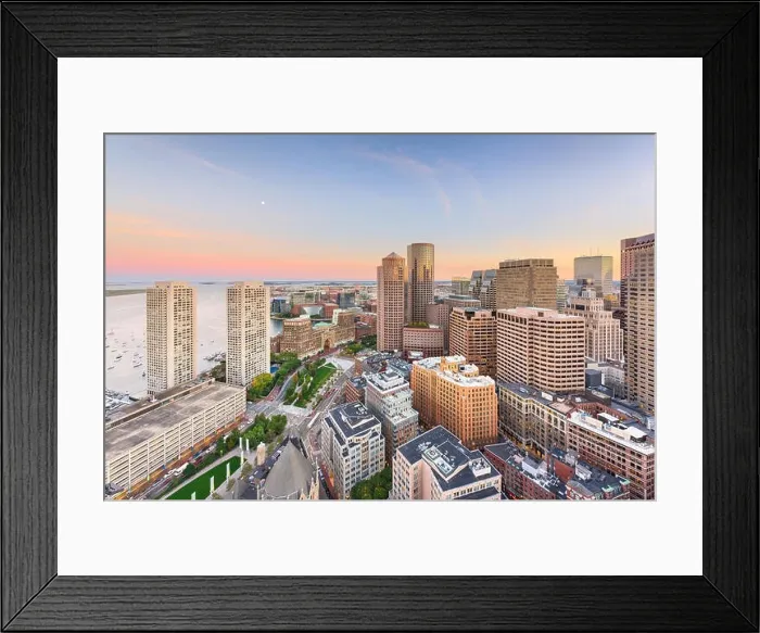 Framed Print : Boston, Massachusetts, USA downtown cityscape at dusk over Atlantic Avenue at dusk