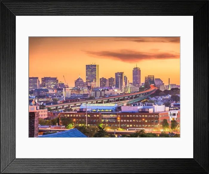 Framed Print : Boston, Massachusetts, USA skyline with bridges and highways at dusk Framed Print : Boston, Massachusetts, USA skyline with bridges and highways at dusk