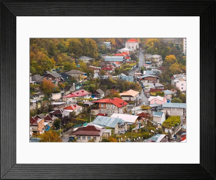 Framed Print : Borjomi, Samtskhe-Javakheti, Georgia - Aerial View Cityscape Of Borjomi Resort City Autumn October Day. Borjomi Is A Resort Town In South-central Geo Framed Print : Borjomi, Samtskhe-Javakheti, Georgia - Aerial View Cityscape Of Borjomi Resort City Autumn October Day. Borjomi Is A Resort Town In South-central Geo
