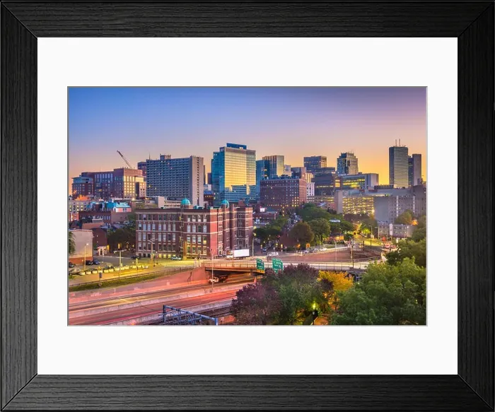 Framed Print : Boston, Massachusetts, USA cityscape over highways at dawn Framed Print : Boston, Massachusetts, USA cityscape over highways at dawn