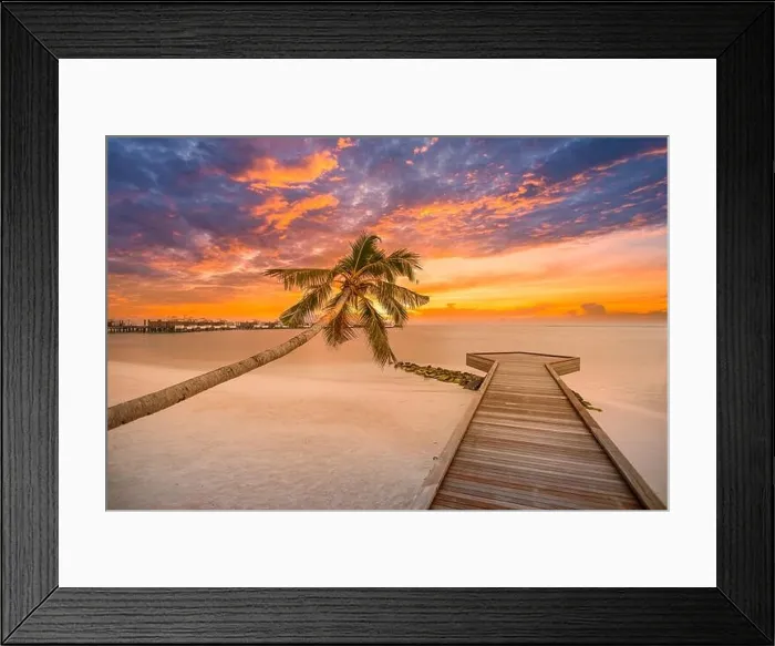 Framed Print : Palm and tropical beach with wooden pier, seascape, colorful sky. Summer tropical ocean view, relax tropical shore, coast. Copy space traveling Framed Print : Palm and tropical beach with wooden pier, seascape, colorful sky. Summer tropical ocean view, relax tropical shore, coast. Copy space traveling