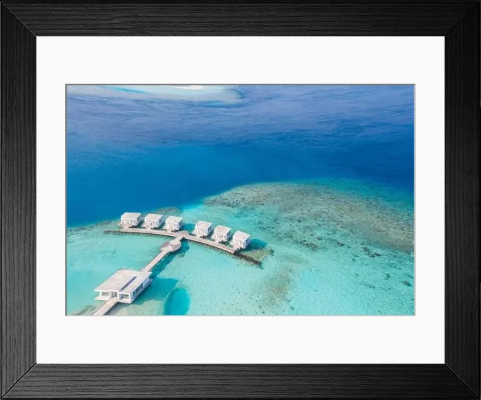 Framed Print : Maldives paradise scenery. top view tropical aerial landscape, seascape with long pier, water villas, amazing sea and lagoon beach, tropical nature Framed Print : Maldives paradise scenery. top view tropical aerial landscape, seascape with long pier, water villas, amazing sea and lagoon beach, tropical nature