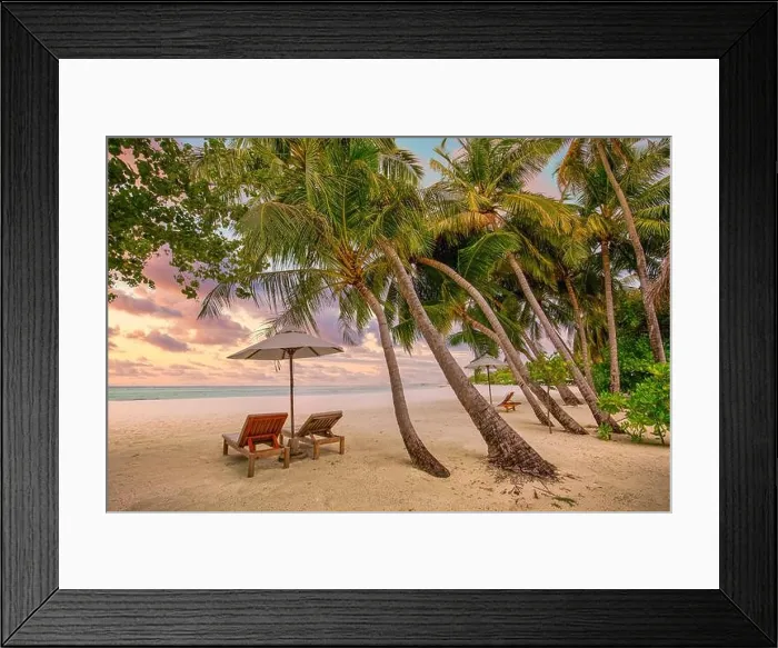 Framed Print : Resort sea sand beach. Panoramic beach landscape. Inspire tropical shore for couple vacation travel holiday banner. Golden clouds sunset sky, palms Framed Print : Resort sea sand beach. Panoramic beach landscape. Inspire tropical shore for couple vacation travel holiday banner. Golden clouds sunset sky, palms