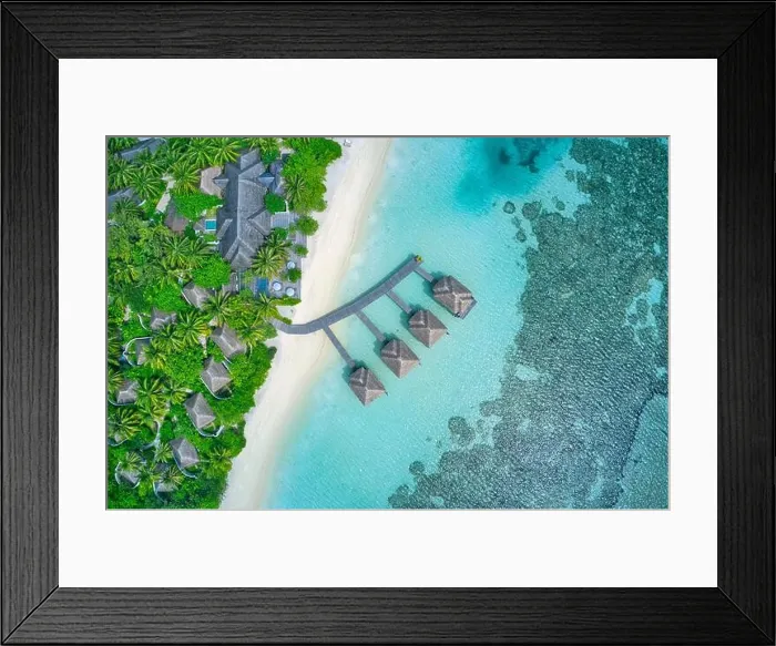 Framed Print : Maldives paradise scenery. top view tropical aerial landscape, seascape with long pier, water villas, amazing sea and lagoon beach, tropical nature Framed Print : Maldives paradise scenery. top view tropical aerial landscape, seascape with long pier, water villas, amazing sea and lagoon beach, tropical nature