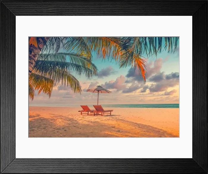 Framed Print : Beautiful panoramic tropical beach. Sunset summer island landscape with love couple chairs umbrella palm leaves calm sea shore, coast. Romantic travel