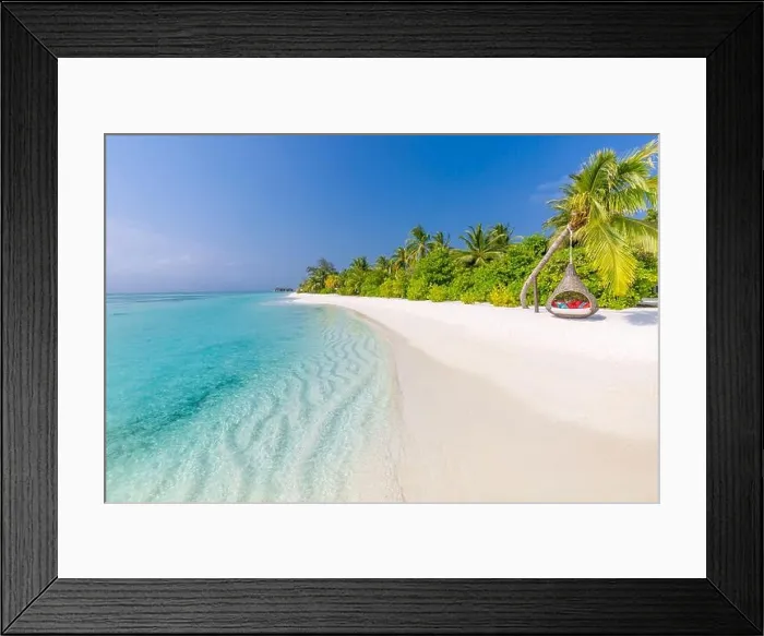 Framed Print : Amazing tropical landscape, paradise island beach landscape. Seascape view with island beach, sand, palm trees, summer mood. Exotic vacation, travel Framed Print : Amazing tropical landscape, paradise island beach landscape. Seascape view with island beach, sand, palm trees, summer mood. Exotic vacation, travel