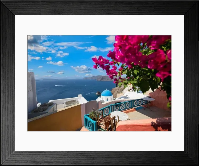 Framed Print : Summer vacation urban scenic of luxury famous destination. White architecture in Santorini, Greece. Perfect travel scenery with terrace sunny blue sky Framed Print : Summer vacation urban scenic of luxury famous destination. White architecture in Santorini, Greece. Perfect travel scenery with terrace sunny blue sky