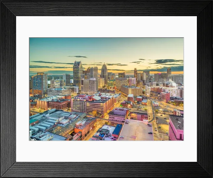 Framed Print : Detroit, Michigan, USA downtown skyline from above at dusk Framed Print : Detroit, Michigan, USA downtown skyline from above at dusk