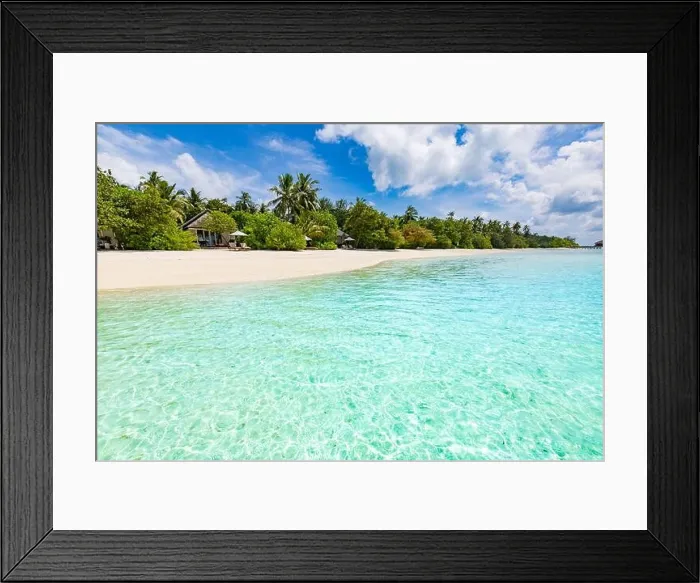 Framed Print : Beautiful palm tree on tropical island beach on background blue sky with white clouds and turquoise ocean on sunny day. Perfect natural landscape Framed Print : Beautiful palm tree on tropical island beach on background blue sky with white clouds and turquoise ocean on sunny day. Perfect natural landscape