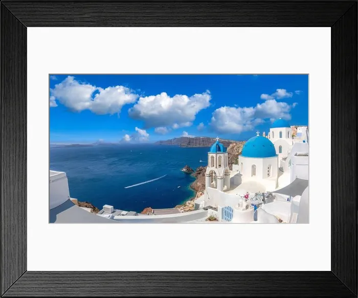 Framed Print : Santorini island, Greece. Incredibly panoramic romantic summer landscape on Santorini. Oia village in the morning light. Amazing view with white house