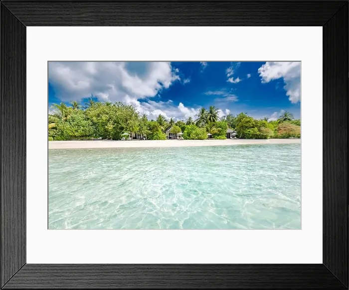 Framed Print : Beautiful palm tree on tropical island beach on background blue sky with white clouds and turquoise ocean on sunny day. Perfect natural landscape Framed Print : Beautiful palm tree on tropical island beach on background blue sky with white clouds and turquoise ocean on sunny day. Perfect natural landscape