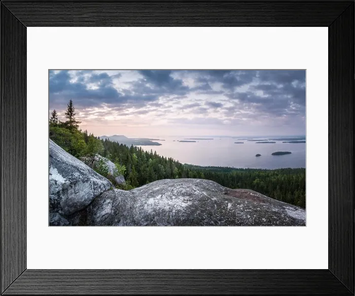 Framed Print : Scenic landscape with lake and sunset at evening in Koli, national park, Finland Framed Print : Scenic landscape with lake and sunset at evening in Koli, national park, Finland