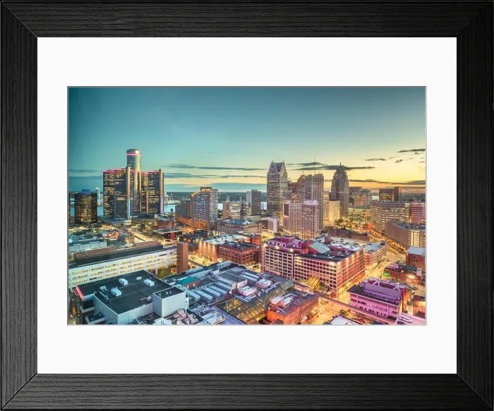 Framed Print : Detroit, Michigan, USA downtown skyline from above at dusk Framed Print : Detroit, Michigan, USA downtown skyline from above at dusk