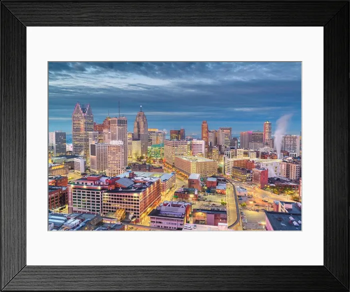 Framed Print : Detroit, Michigan, USA downtown skyline from above at dusk