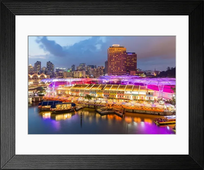 Framed Print : Colorful light building at night in Clarke Quay, Singapore. Clarke Quay, is a historical riverside quay in Singapore Framed Print : Colorful light building at night in Clarke Quay, Singapore. Clarke Quay, is a historical riverside quay in Singapore