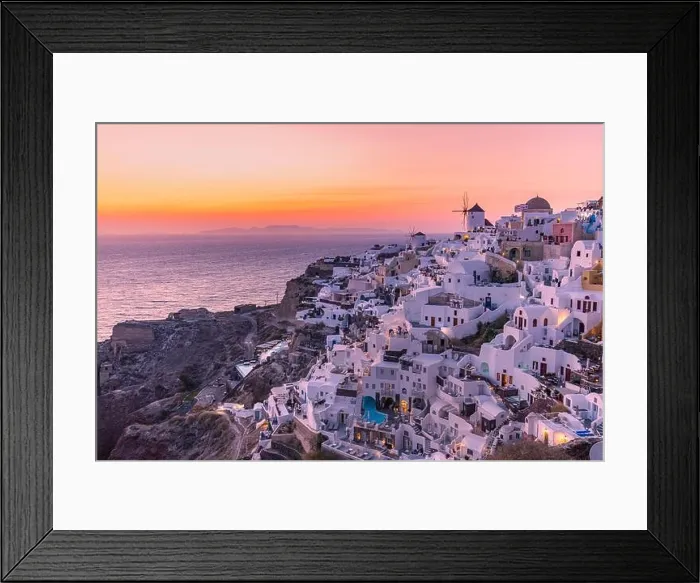 Framed Print : Europe summer destination. Traveling concept, sunset scenic famous landscape of Santorini island, Oia, Greece. Caldera view, colorful clouds, dream Framed Print : Europe summer destination. Traveling concept, sunset scenic famous landscape of Santorini island, Oia, Greece. Caldera view, colorful clouds, dream
