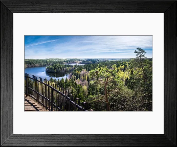 Framed Print : Scenic landscape with lake and bright summer day in national park Framed Print : Scenic landscape with lake and bright summer day in national park