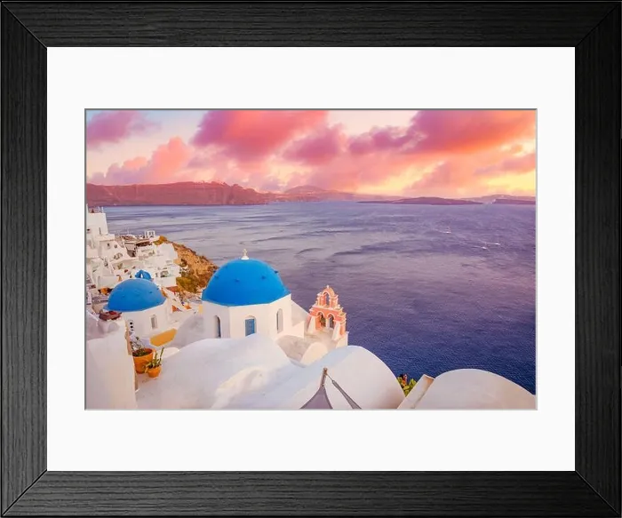 Framed Print : Europe summer destination. Traveling concept, sunset scenic famous landscape of Santorini island, Oia, Greece. Caldera view, colorful clouds, dream Framed Print : Europe summer destination. Traveling concept, sunset scenic famous landscape of Santorini island, Oia, Greece. Caldera view, colorful clouds, dream