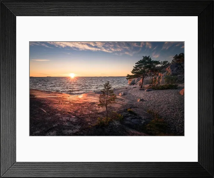 Framed Print : Scenic landscape with sunset and sea at summer evening in Finland Framed Print : Scenic landscape with sunset and sea at summer evening in Finland