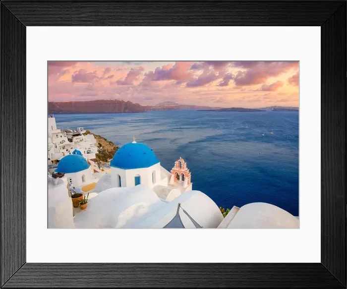 Framed Print : Europe summer destination. Traveling concept, sunset scenic famous landscape of Santorini island, Oia, Greece. Caldera view, colorful clouds, dream Framed Print : Europe summer destination. Traveling concept, sunset scenic famous landscape of Santorini island, Oia, Greece. Caldera view, colorful clouds, dream