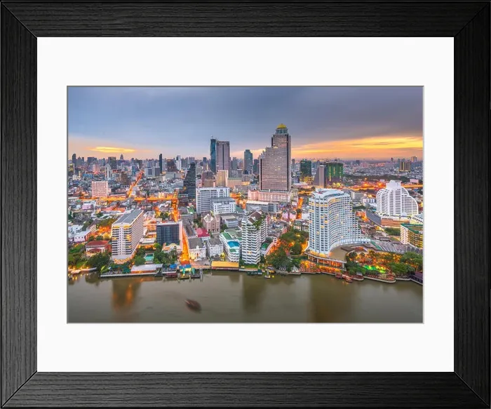 Framed Print : Bangkok, Thailand cityscape on the river at dusk Framed Print : Bangkok, Thailand cityscape on the river at dusk