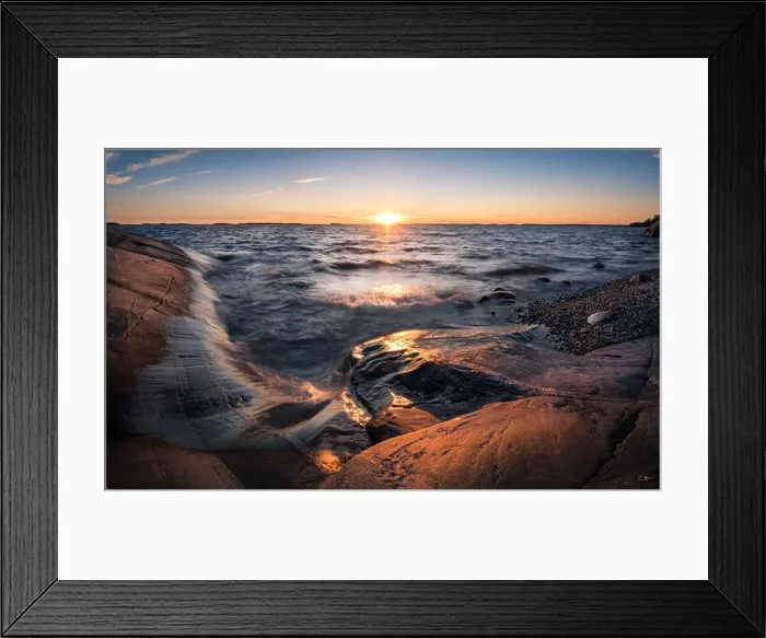 Framed Print : Scenic landscape with sunset and sea at summer evening in Finland Framed Print : Scenic landscape with sunset and sea at summer evening in Finland