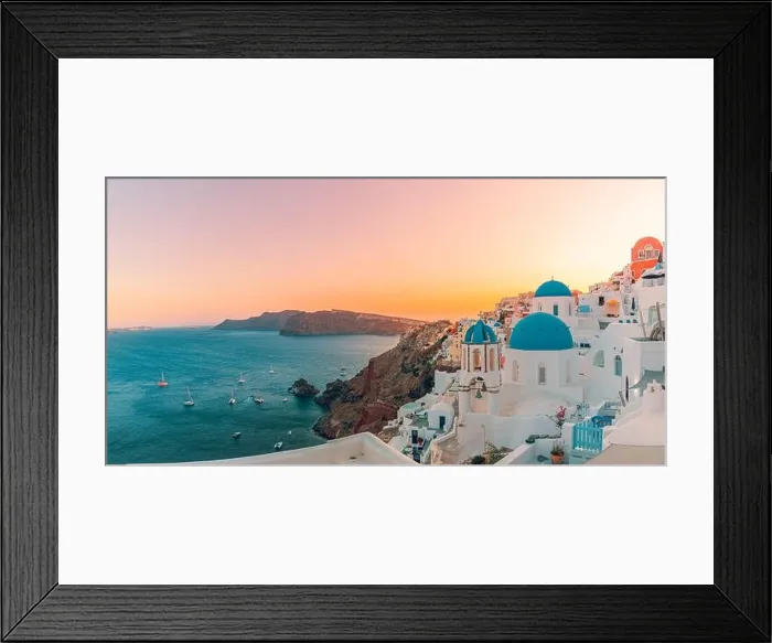Framed Print : Europe summer destination. Traveling concept, sunset scenic famous landscape of Santorini island, Oia, Greece. Caldera view, colorful clouds, dream Framed Print : Europe summer destination. Traveling concept, sunset scenic famous landscape of Santorini island, Oia, Greece. Caldera view, colorful clouds, dream
