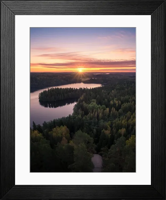 Framed Print : Scenic landscape with sunrise and lake at autumn in national park in Finland Framed Print : Scenic landscape with sunrise and lake at autumn in national park in Finland