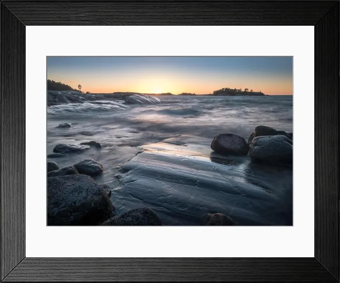 Framed Print : Seascape with windy weather and sunset at evening light in coastline, Finland Framed Print : Seascape with windy weather and sunset at evening light in coastline, Finland