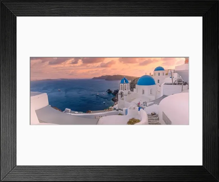 Framed Print : Europe summer destination. Traveling concept, sunset scenic famous landscape of Santorini island, Oia, Greece. Caldera view, colorful clouds, dream Framed Print : Europe summer destination. Traveling concept, sunset scenic famous landscape of Santorini island, Oia, Greece. Caldera view, colorful clouds, dream